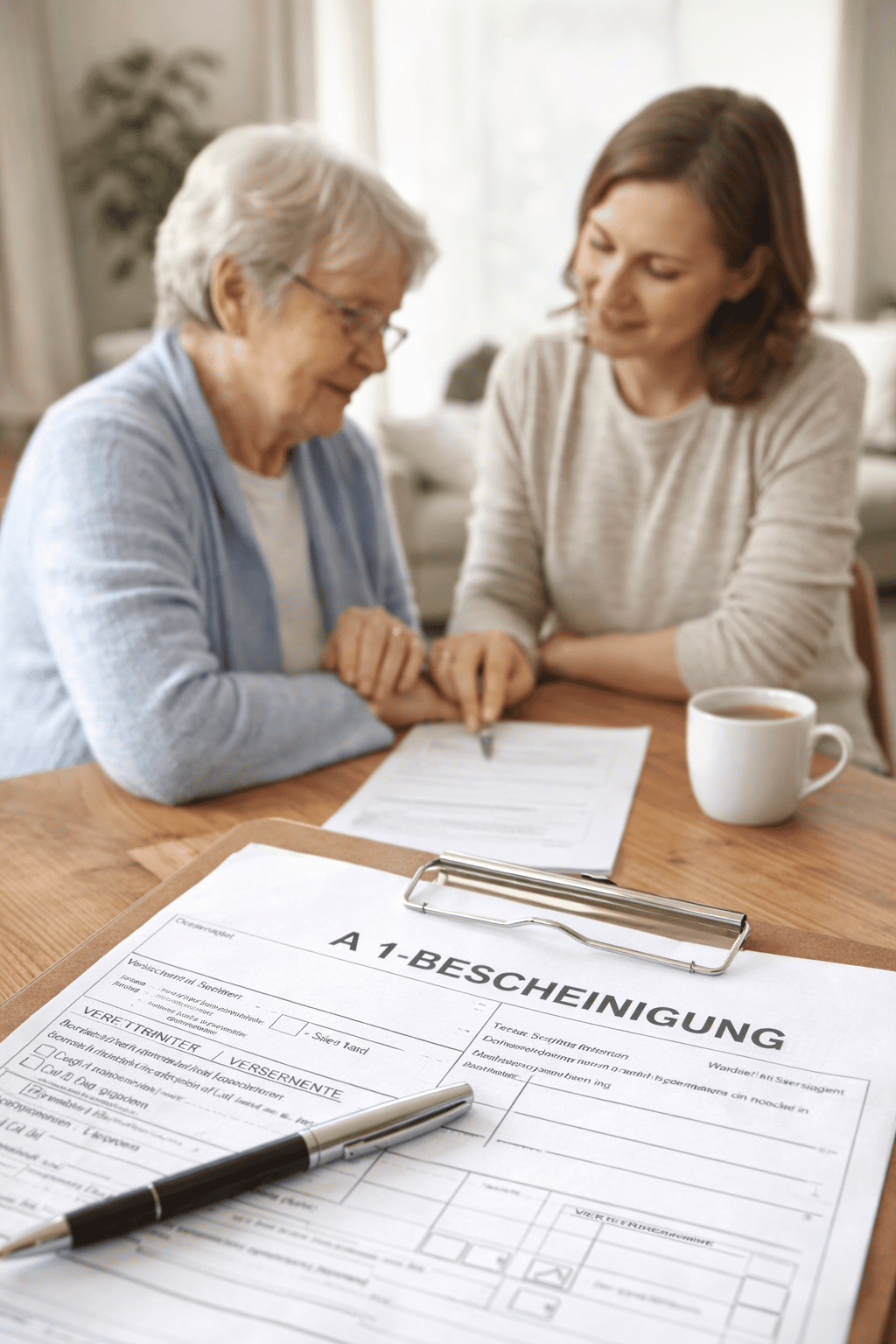 Seniorin und Angehörige prüfen gemeinsam eine A1-Bescheinigung für die rechtssichere 24-Stunden-Pflege zu Hause