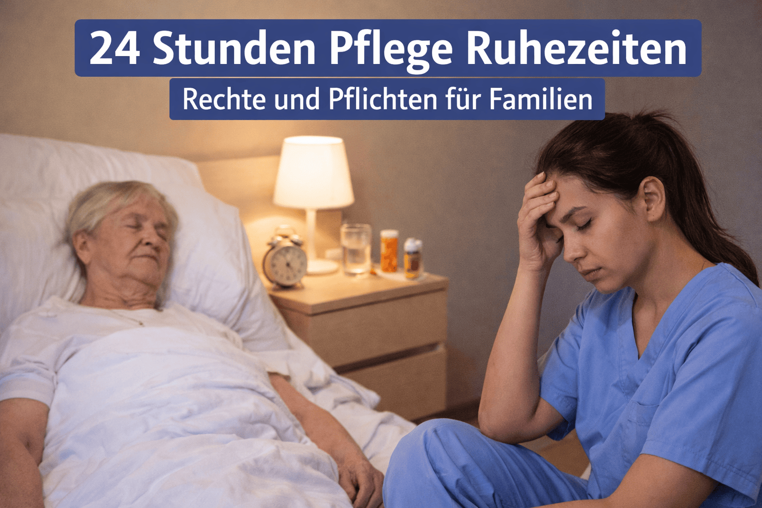 Betreuungskraft und Seniorin im Schlafzimmer als Symbolbild für Ruhezeiten in der 24-Stunden-Pflege