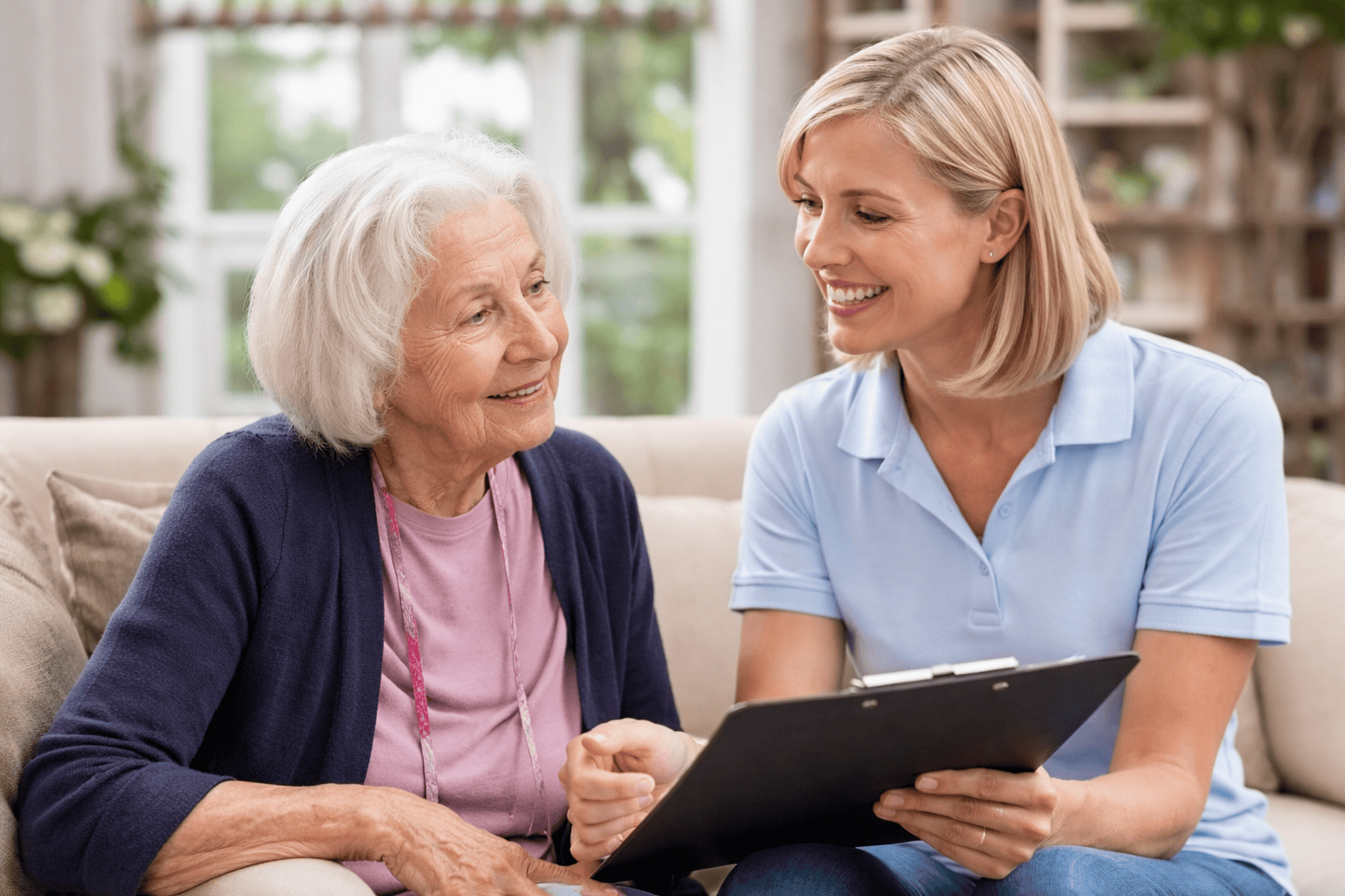 Betreuungskraft und Seniorin im Gespräch zu Hause als Symbolbild für 24-Stunden-Pflege ohne Agentur