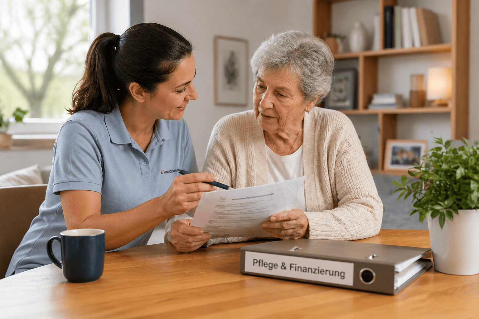 Beratung zu Kosten der 24 Stunden Pflege zuhause mit Betreuungskraft und Seniorin am Tisch