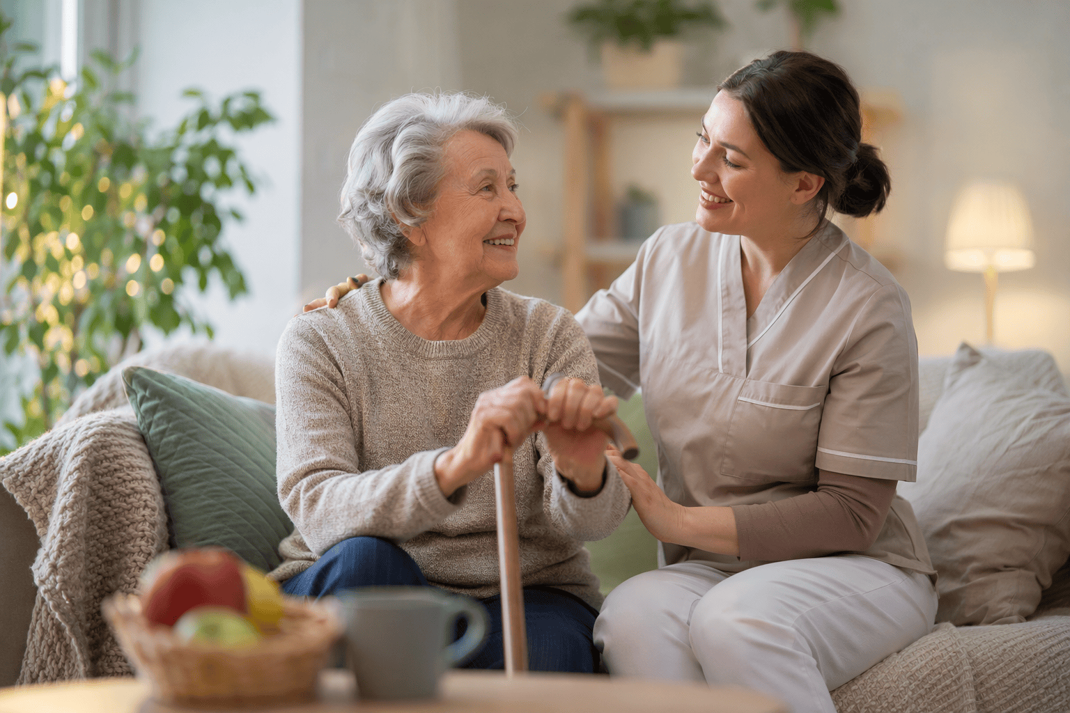 Pflegekraft für zu Hause unterstützt Senior im Alltag in vertrauter Umgebung