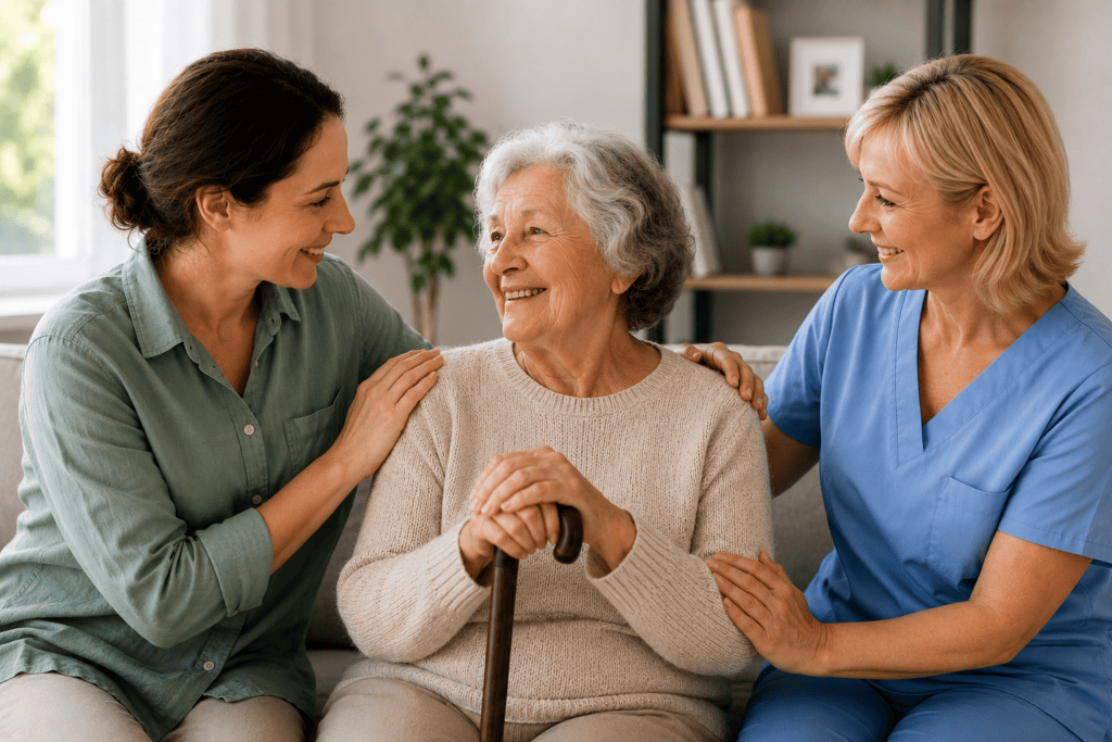 Betreuungskraft unterstützt Seniorin im Alltag bei der 24 Stunden Betreuung zu Hause