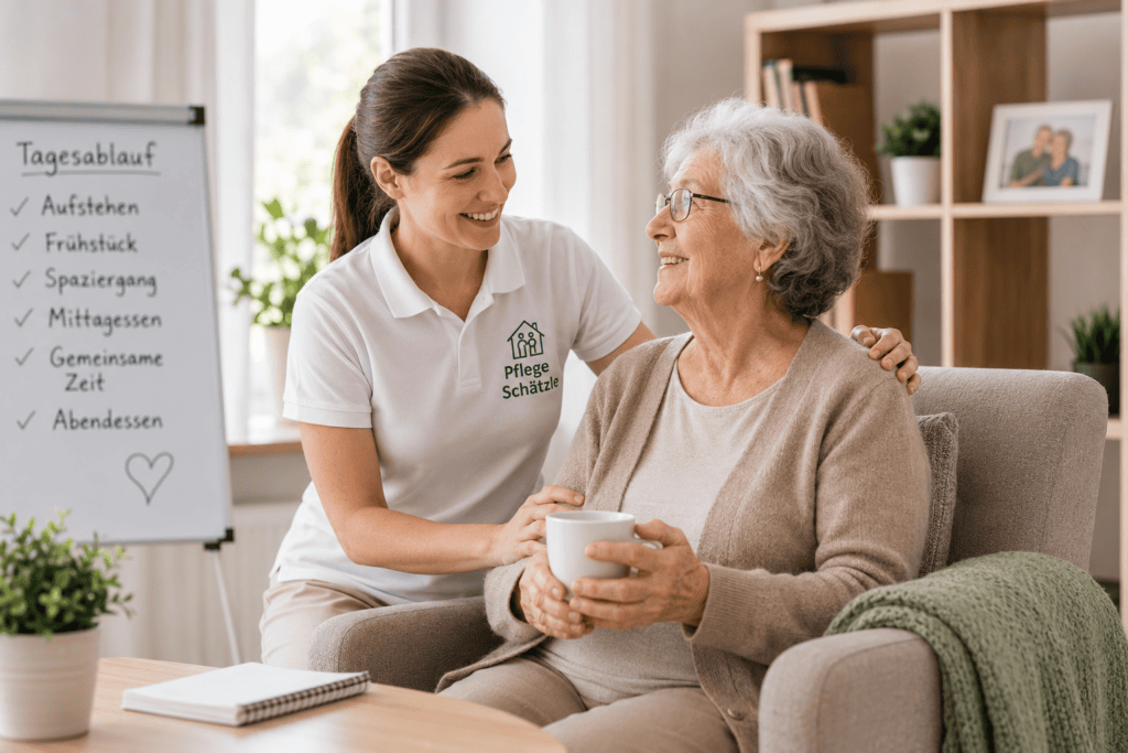 Betreuungskraft unterstützt Seniorin im Tagesablauf der 24 Stunden Betreuung
