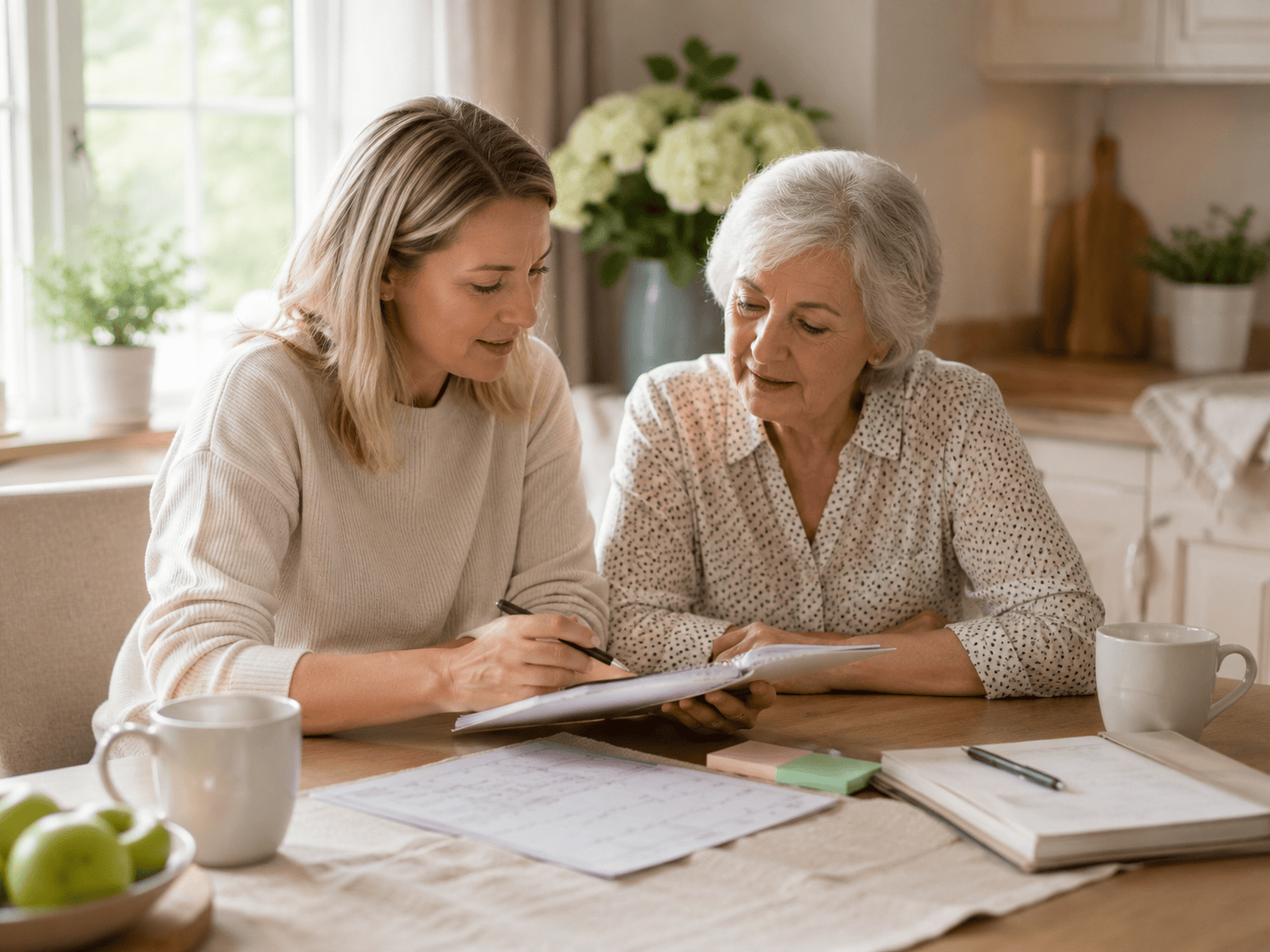 Angehörige plant mit einer Seniorin die nächsten Schritte für eine 24 Stunden Pflege zu Hause