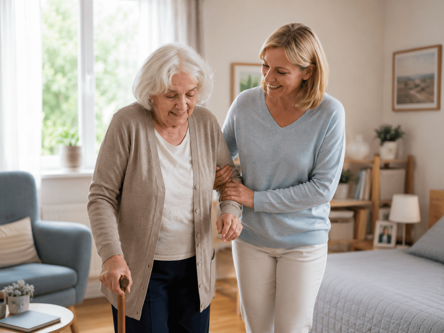 Betreuungskraft unterstützt Seniorin in einer vorbereiteten Wohnsituation zu Hause