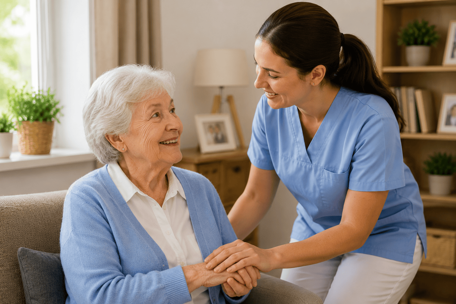 Betreuungskraft unterstützt Seniorin im häuslichen Alltag