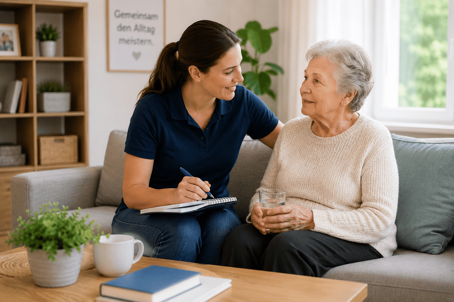 Betreuungskraft spricht mit Seniorin über Unterstützung im Alltag