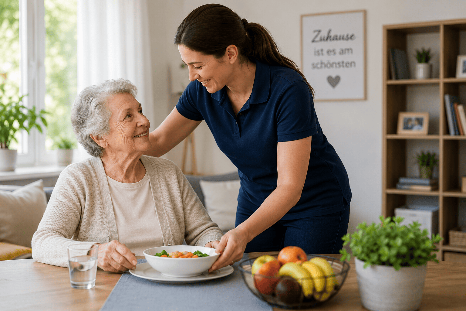 Betreuungskraft unterstützt Seniorin bei einer Mahlzeit zu Hause