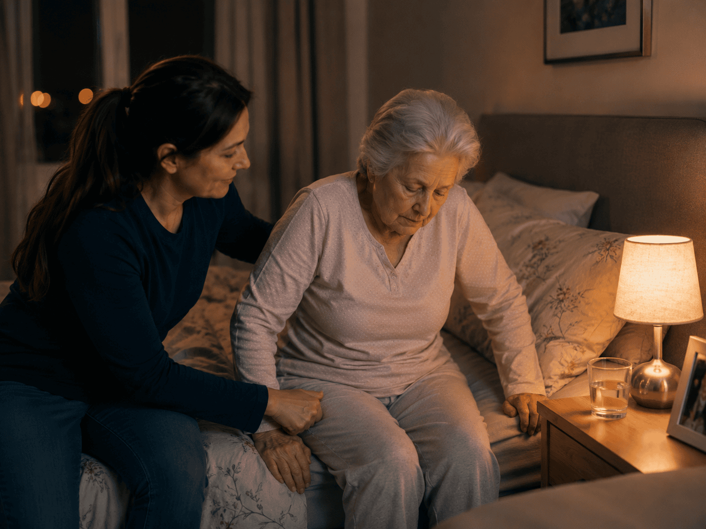 Betreuungskraft unterstützt Seniorin nachts beim Aufstehen