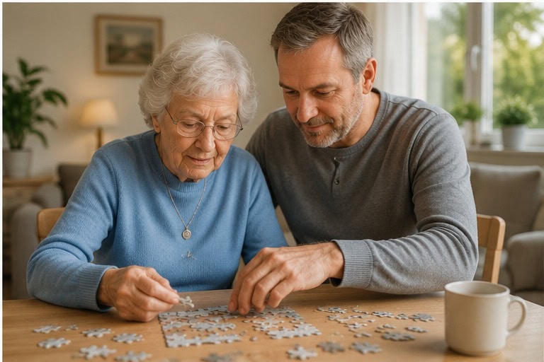 Angehöriger beschäftigt Seniorin zu Hause bei der Pflege daheim