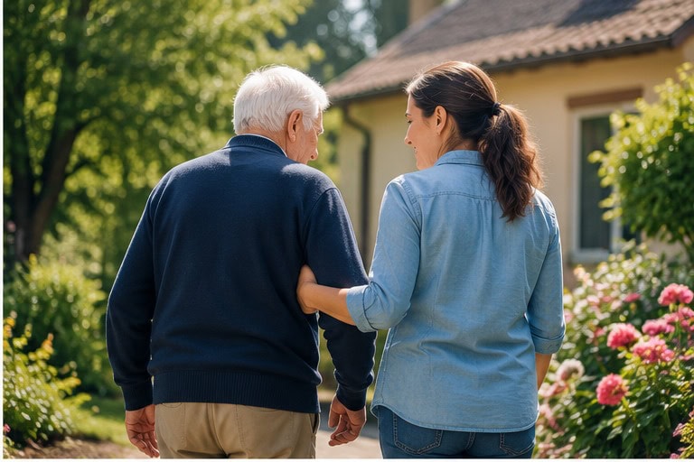 Senior wird bei der Pflege daheim im Garten begleitet