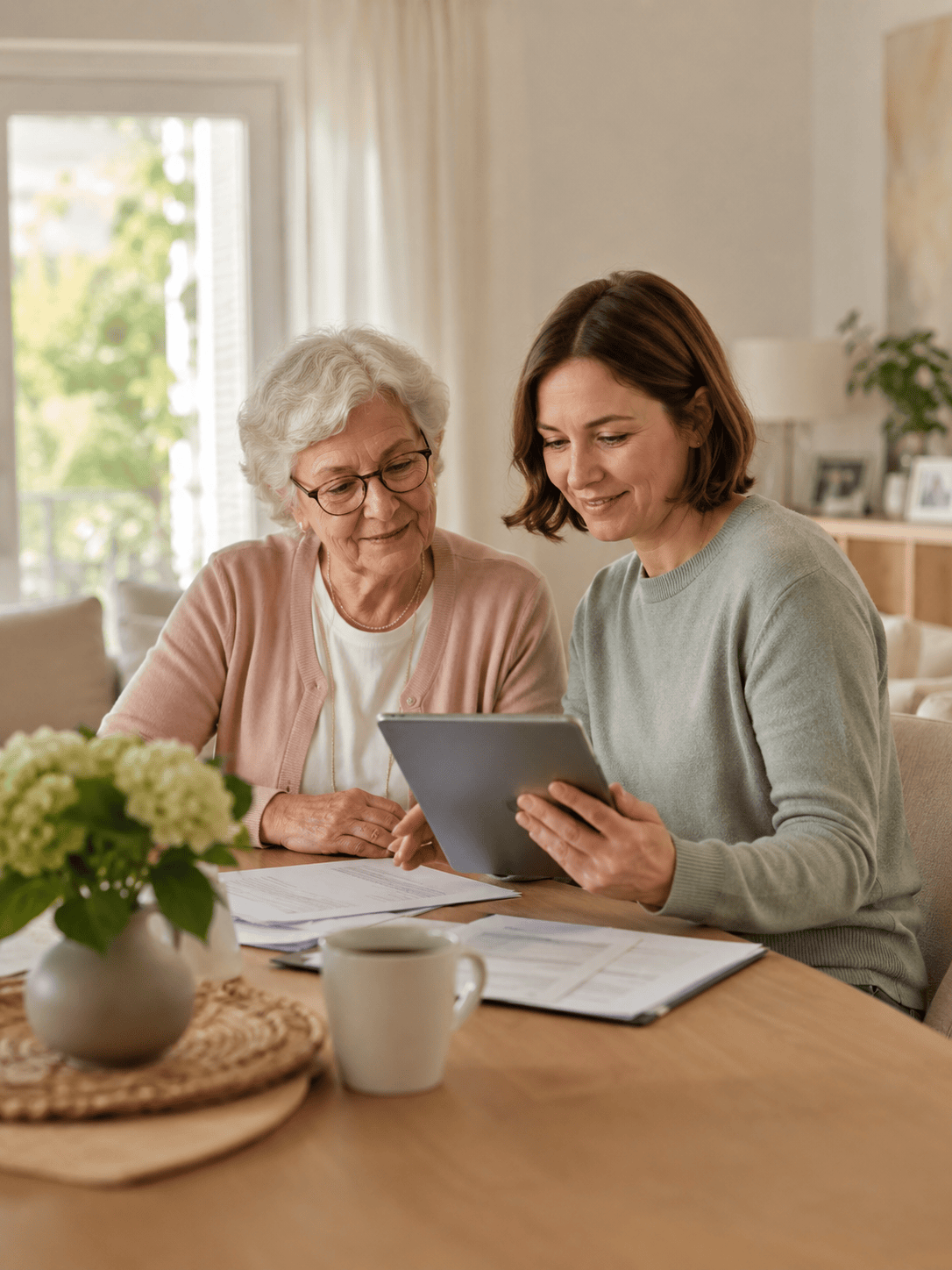 Seniorin und Angehörige besprechen die Kosten einer Betreuung zu Hause