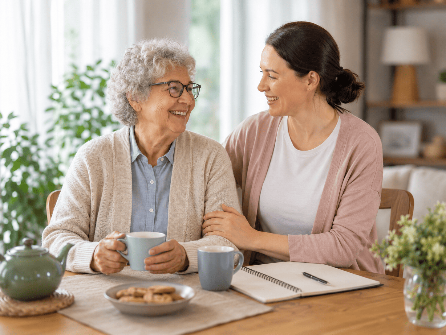 Seniorin und Betreuungsperson trinken gemeinsam Tee zu Hause