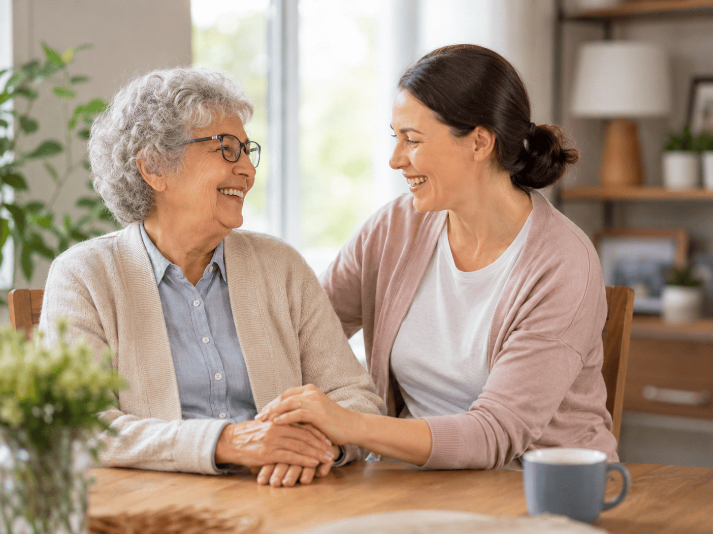 Seniorin und Angehörige sitzen entspannt gemeinsam zu Hause