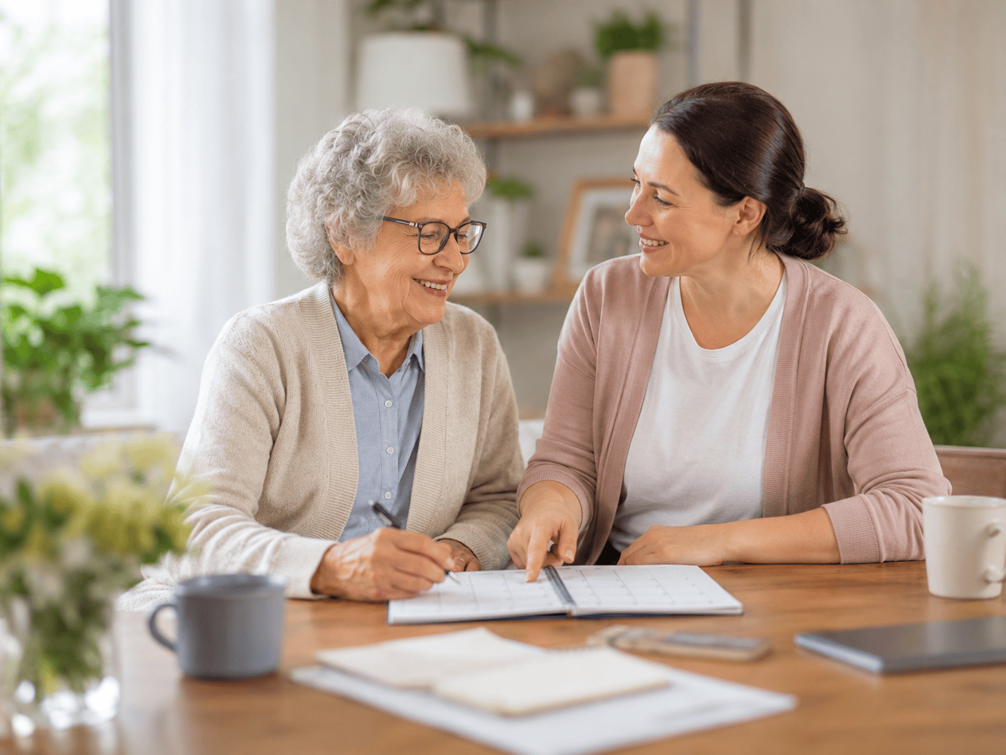 Seniorin plant mit einer Angehörigen die Betreuung zu Hause