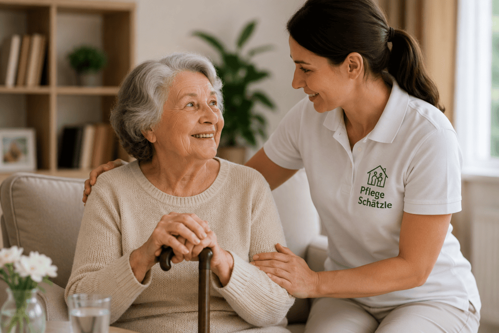 Betreuungskraft unterstützt Seniorin bei der Seniorenbetreuung zu Hause