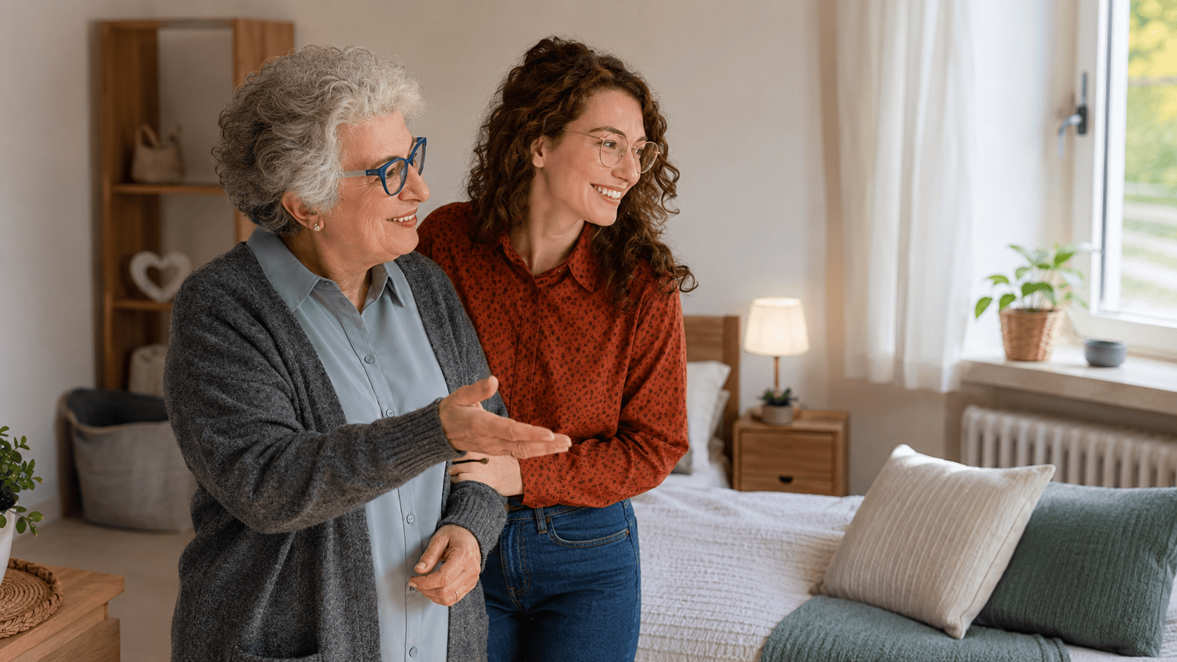 Seniorin und Betreuungskraft besprechen die Wohnsituation zu Hause