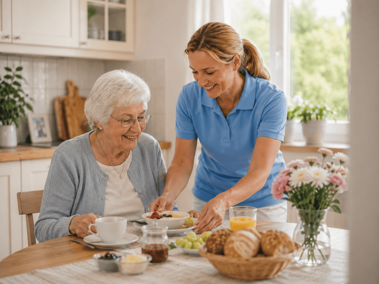 Betreuungskraft unterstützt Seniorin zu Hause in Filderstadt