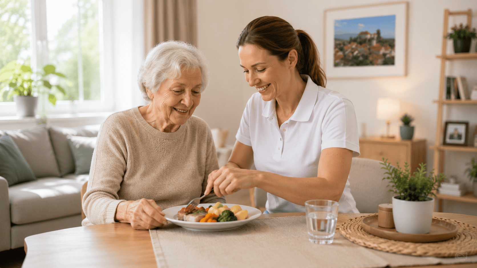 Betreuungskraft unterstützt Seniorin im Alltag bei der 24 Stunden Pflege in Weinsberg