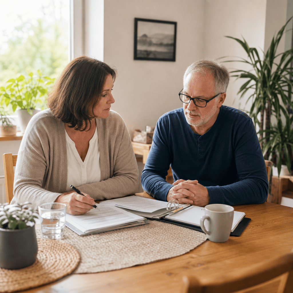 Angehörige besprechen in ruhiger Atmosphäre am Esstisch mögliche Unterstützung für die Betreuung zu Hause.