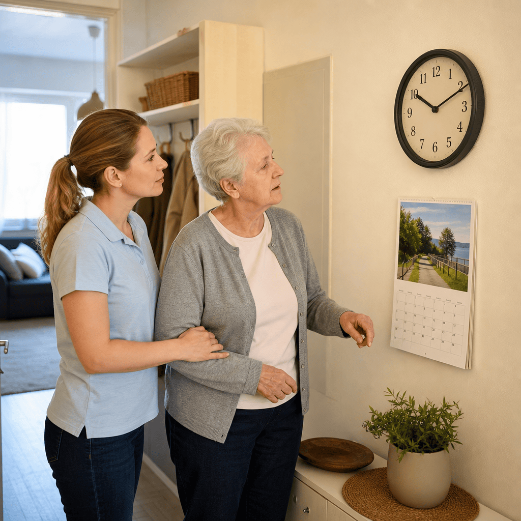 Helle Wohnung mit sichtbarer Uhr, Kalender und klaren Wegen für mehr Orientierung im Alltag.