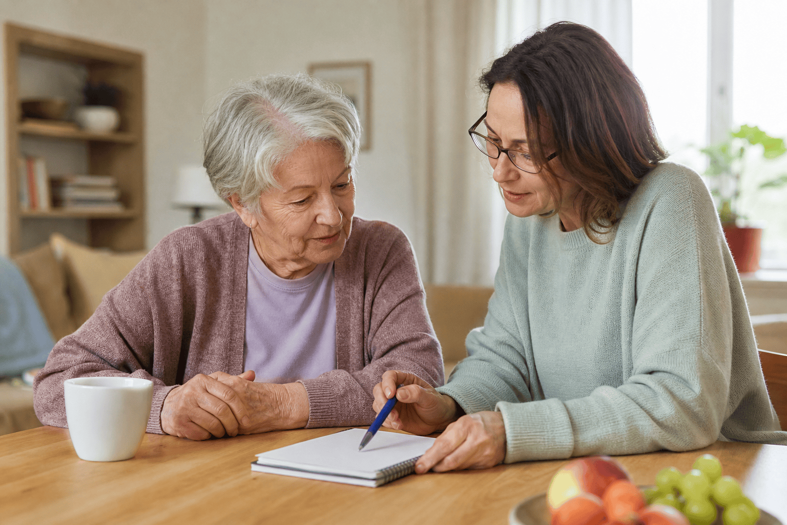 Angehörige und ältere Person besprechen Unterstützung im Alltag zu Hause.