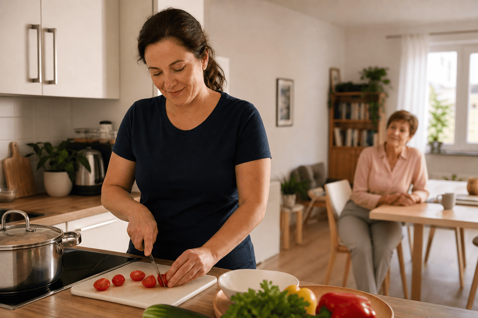 Betreuungskraft bereitet in einer häuslichen Küche eine Mahlzeit vor