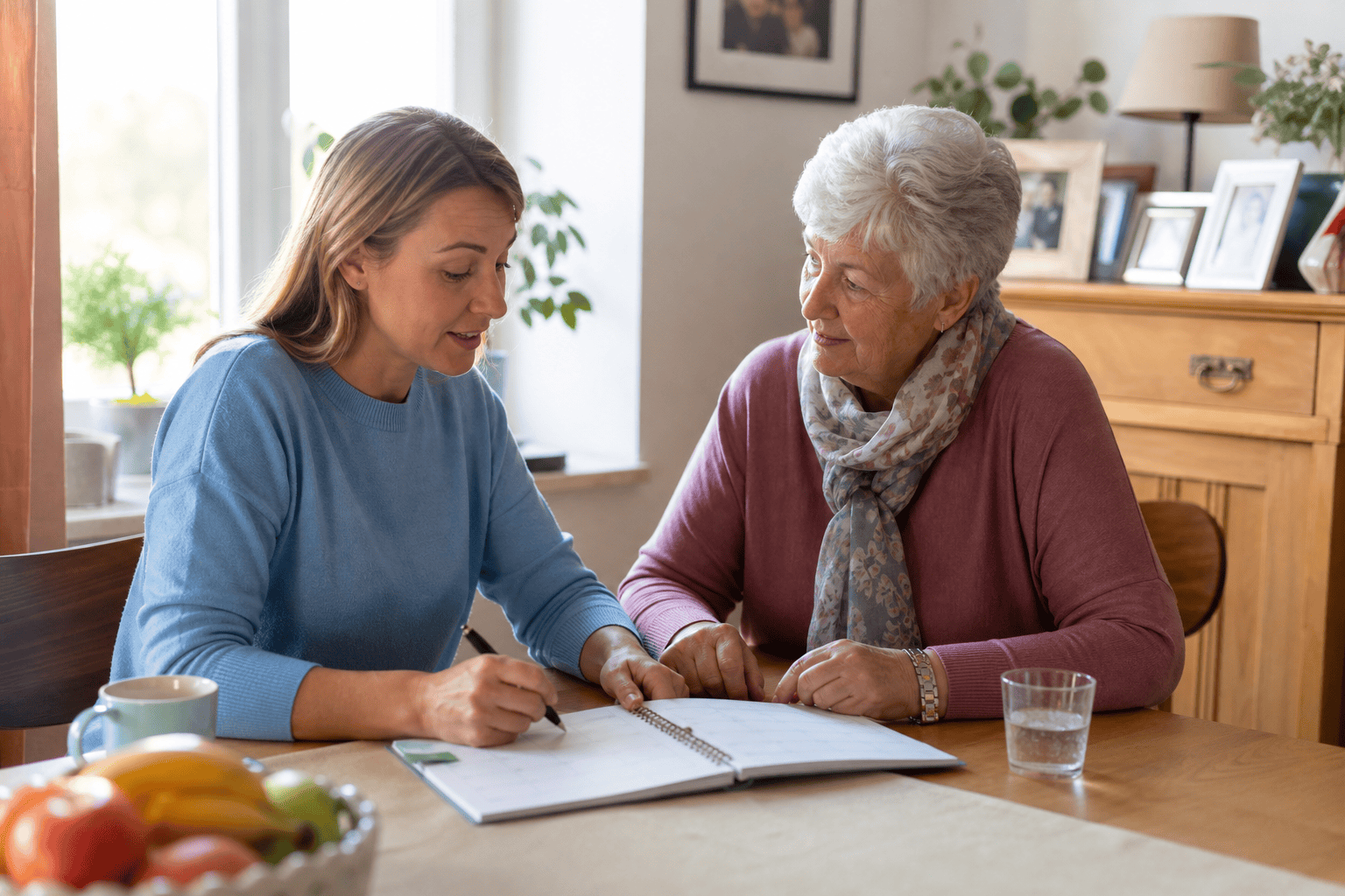 Angehörige und Betreuungskraft besprechen die Organisation der Unterstützung zu Hause