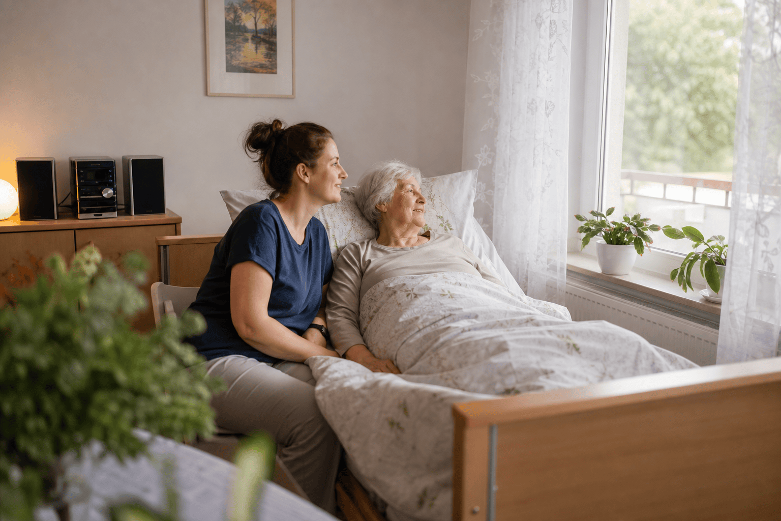 Ältere bettlägerige Person verbringt mit Betreuungskraft einen ruhigen Moment am Fenster