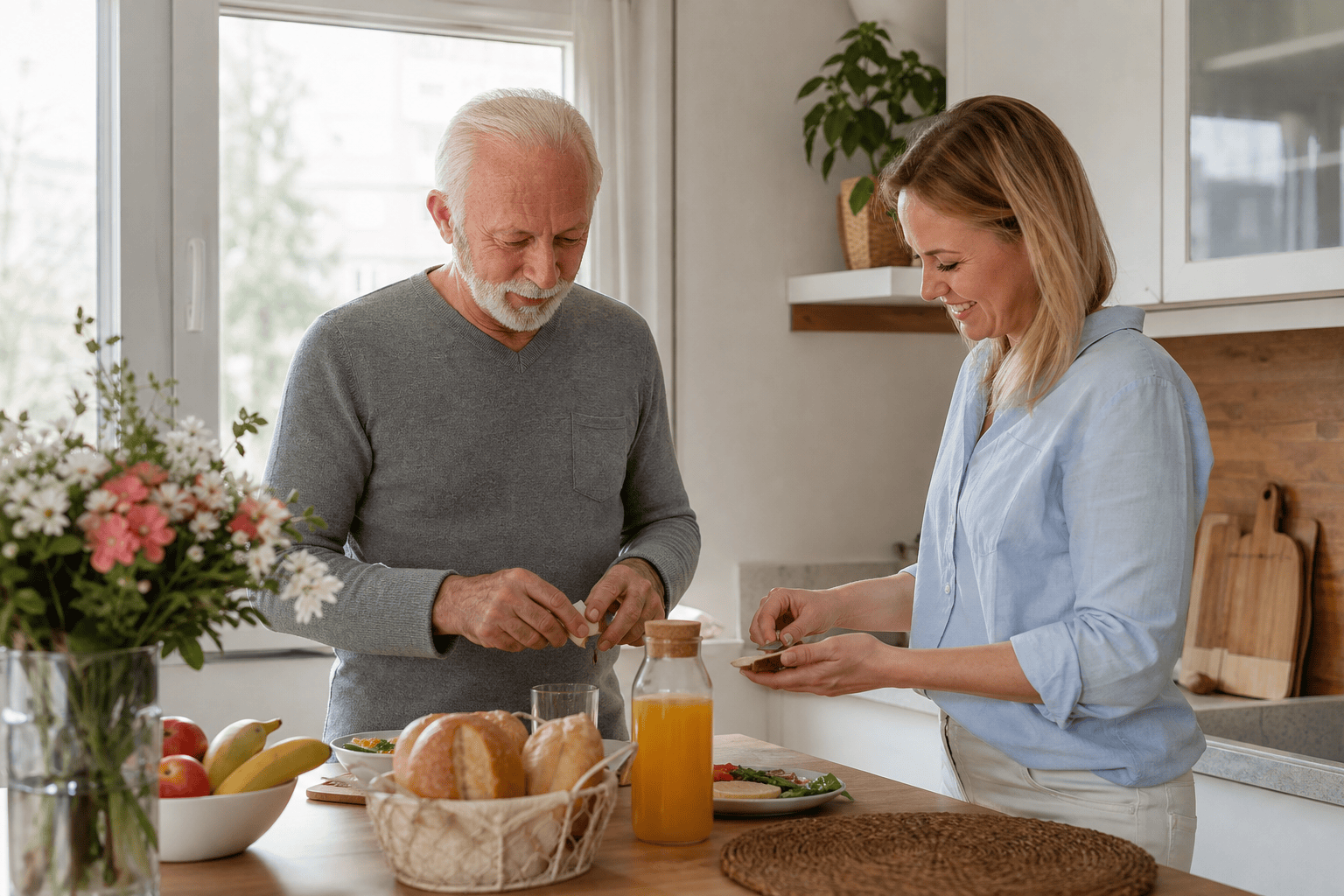 Senior und Betreuungskraft bereiten gemeinsam Frühstück in der Küche vor.