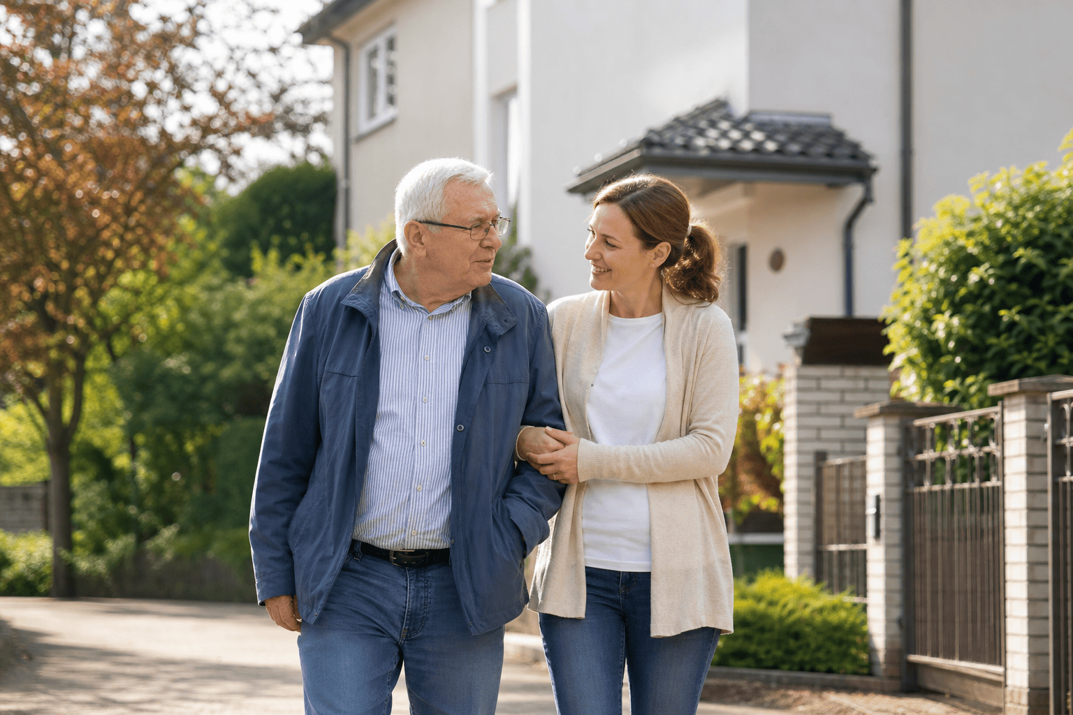 Senior geht mit einer Betreuungskraft im Wohnumfeld spazieren.