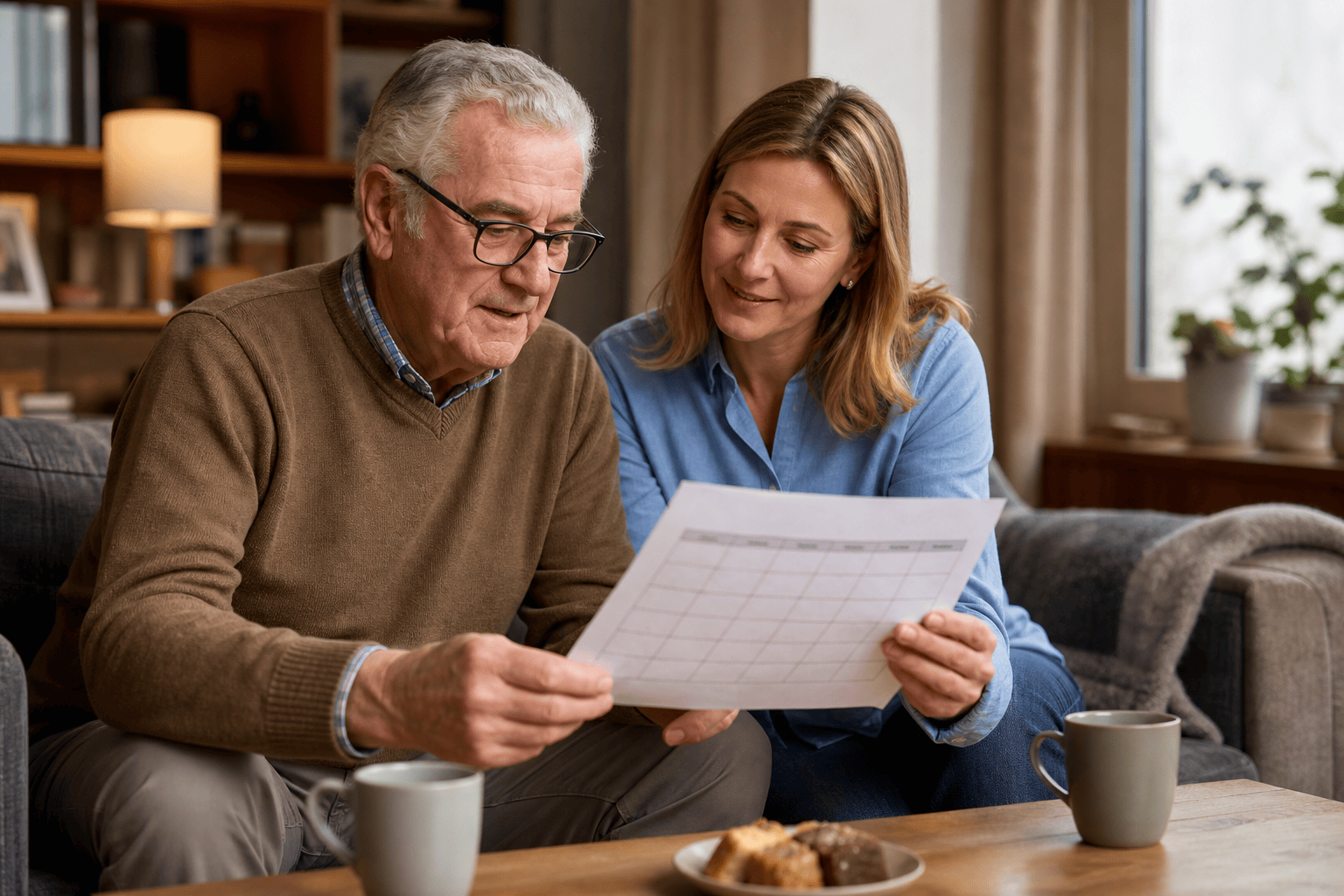 Senior und Angehörige besprechen anhand eines Wochenplans den Unterstützungsbedarf.