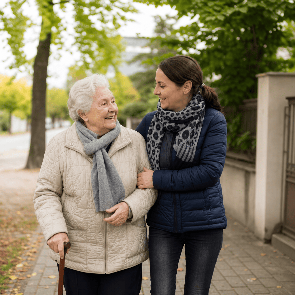 Betreuungskraft begleitet eine ältere Person im Alltag beim Spaziergang