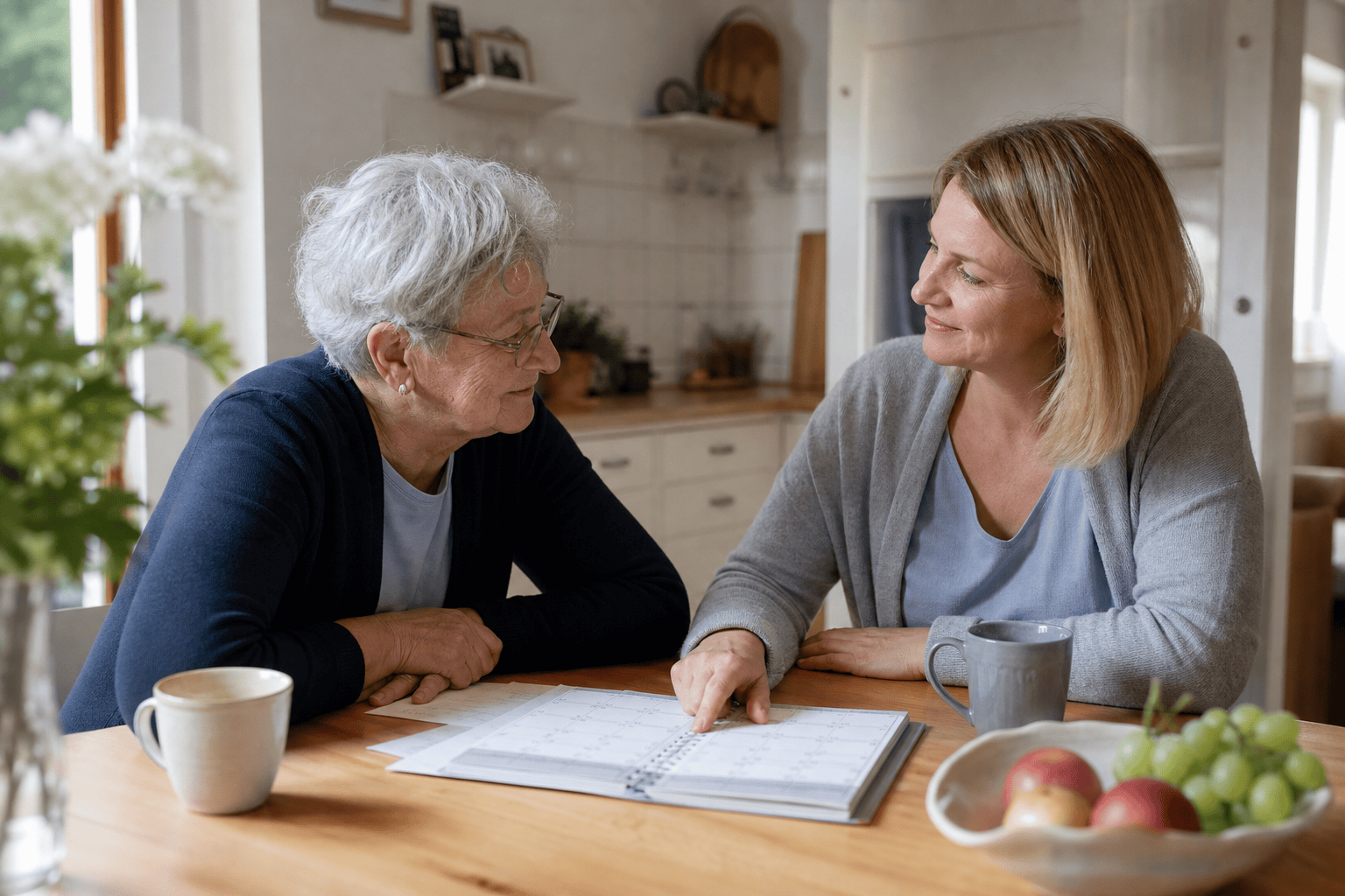 Ältere Person und Angehörige besprechen den Unterstützungsbedarf im Alltag.