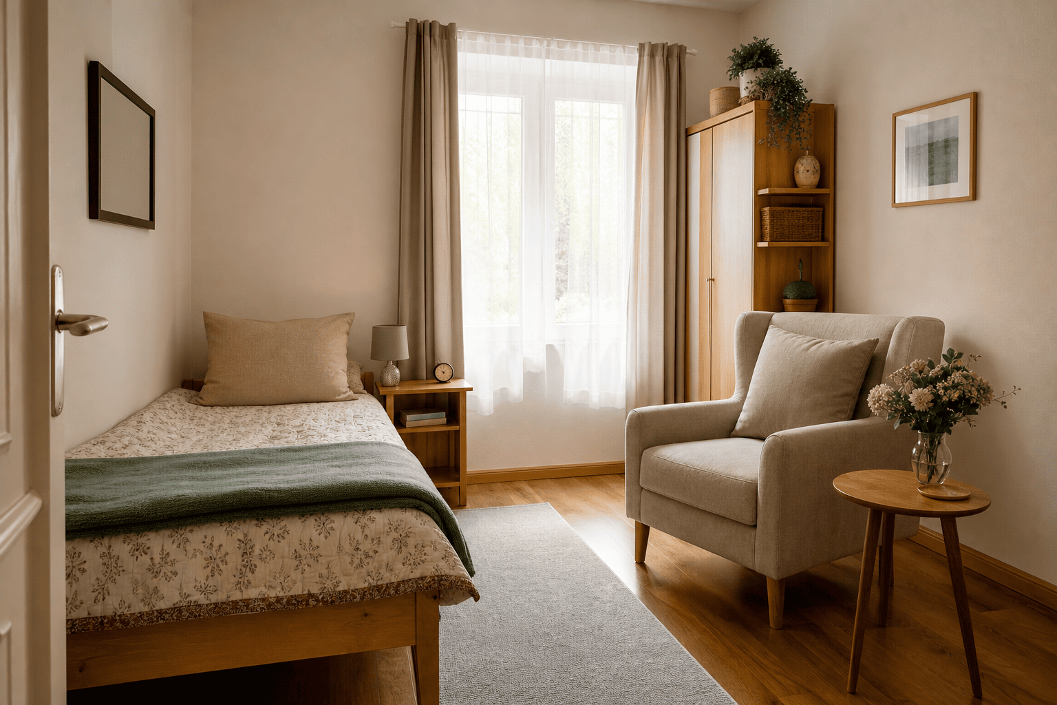 Helles Gästezimmer als privater Rückzugsort für eine Betreuungskraft.