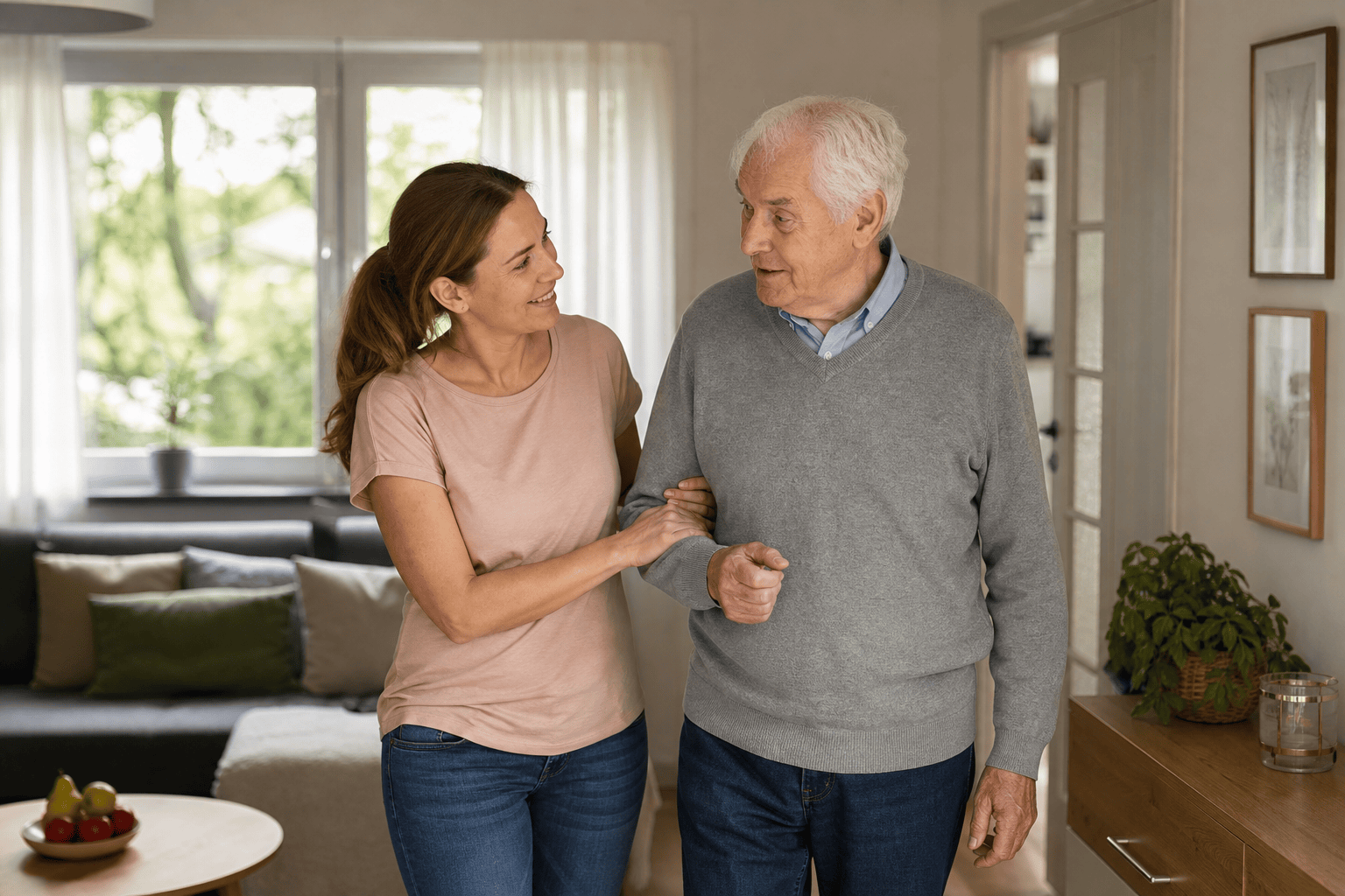 Betreuungskraft begleitet eine ältere Person aufmerksam im häuslichen Alltag.
