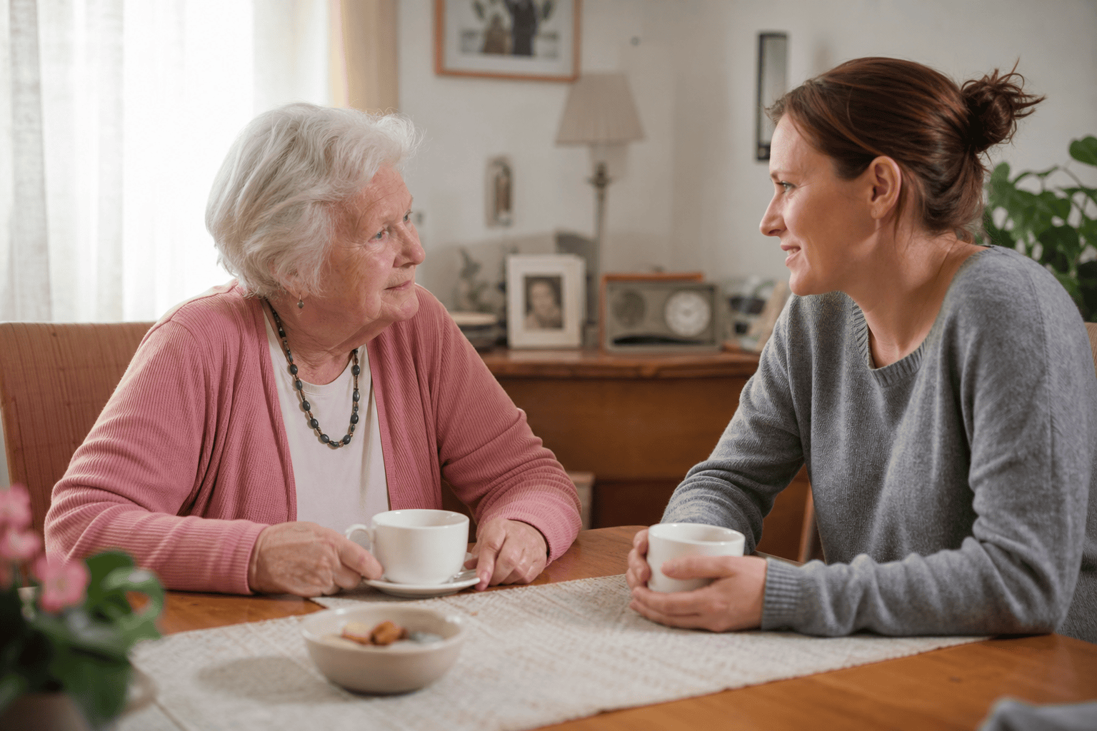 Ältere Person und Betreuungskraft sprechen entspannt miteinander zu Hause.