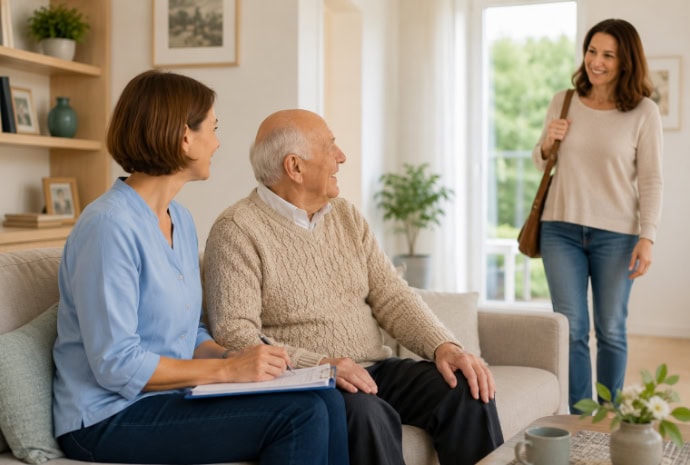 Angehörige besprechen eine kurzfristige Betreuung zu Hause in Günzburg
