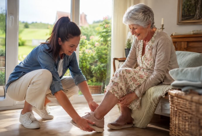 Betreuungskraft begleitet eine Seniorin im Wohnzimmer bei der 24 Stunden Pflege in Illertissen