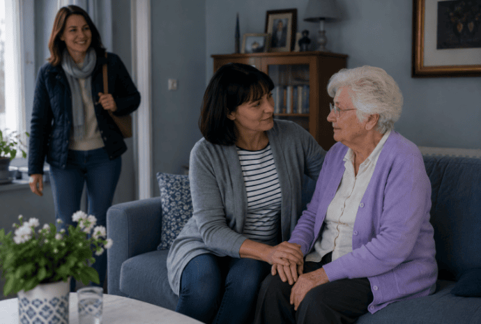 Angehörige besprechen eine kurzfristige Betreuungslösung für zu Hause in Langenau