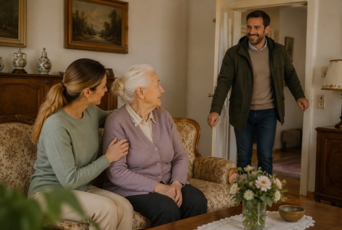 Angehörige besprechen eine kurzfristige Betreuungslösung für zu Hause in Laupheim