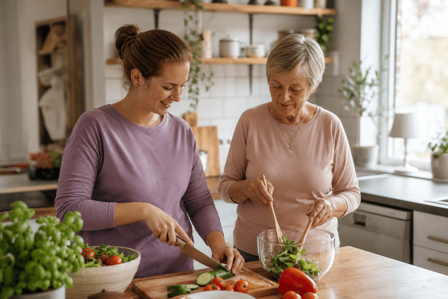 Betreuungskraft und ältere Person bereiten gemeinsam eine Mahlzeit zu.