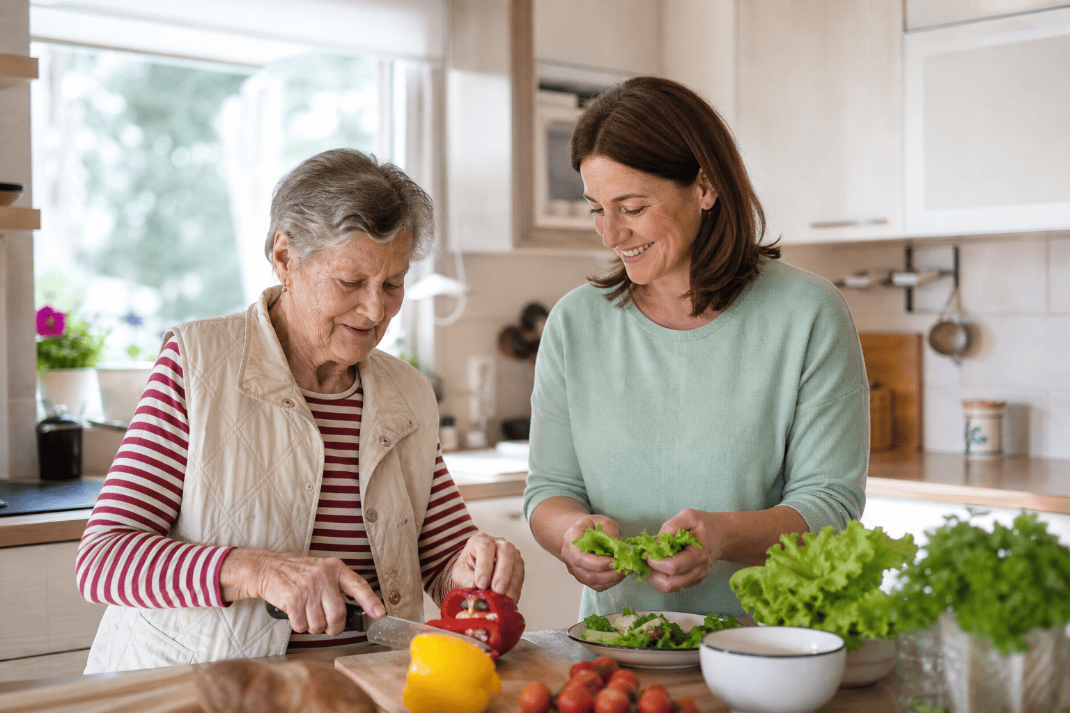 Ältere Person und Betreuungskraft bereiten gemeinsam eine Mahlzeit zu