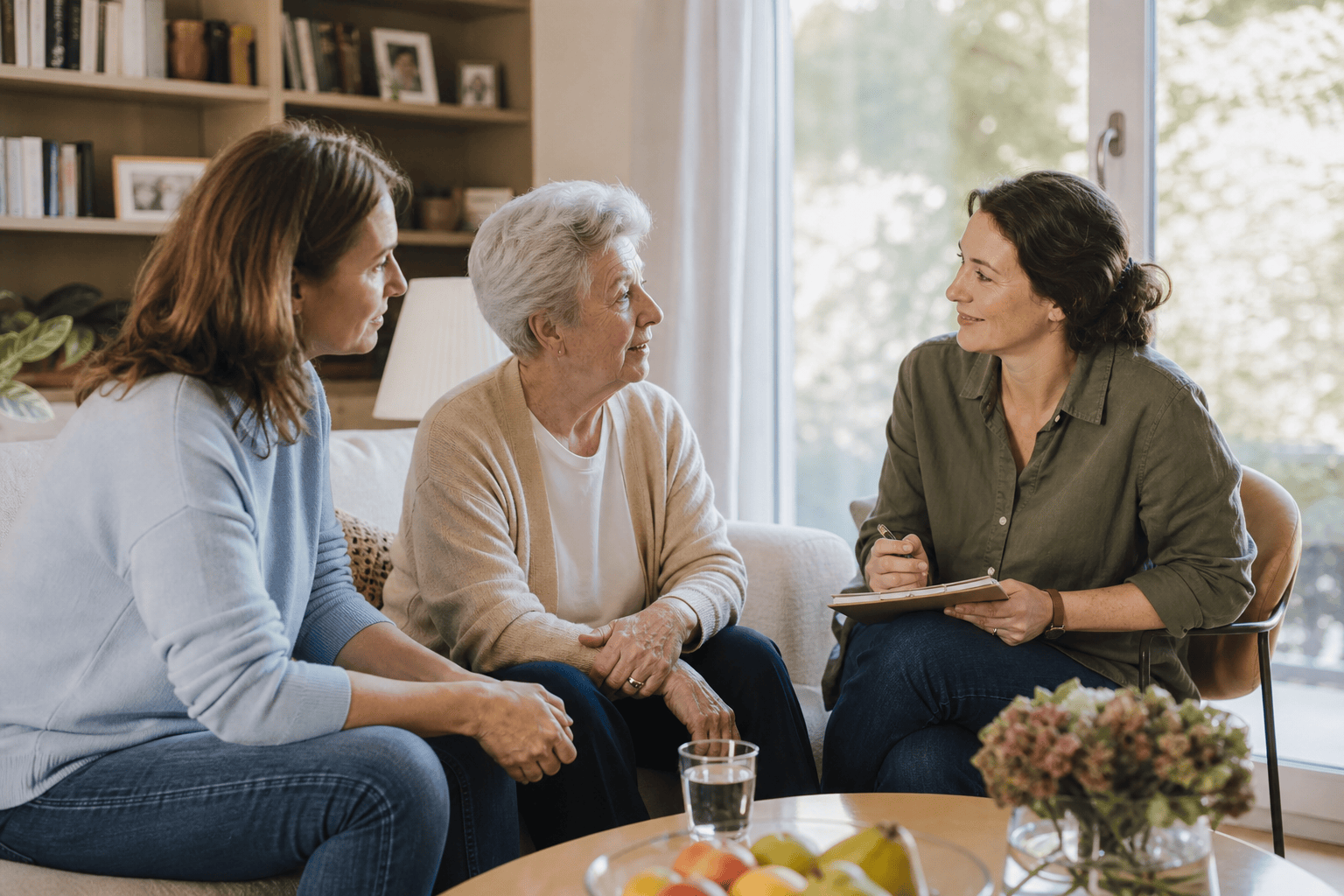 Angehörige, ältere Person und Betreuungskraft besprechen die Unterstützung zu Hause