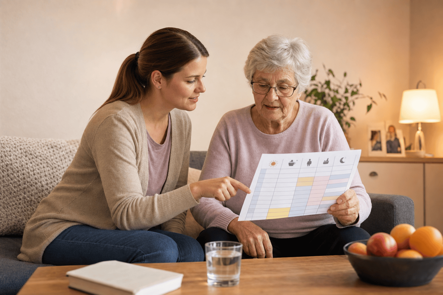 Betreuungskraft und Angehörige besprechen gemeinsam den Tagesablauf