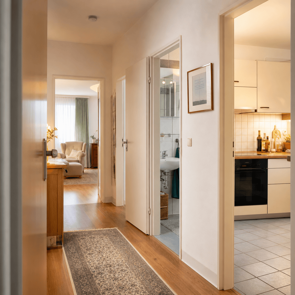 Heller Wohnungsflur mit gut erreichbaren Zugängen zu Zimmer, Bad und Küche.