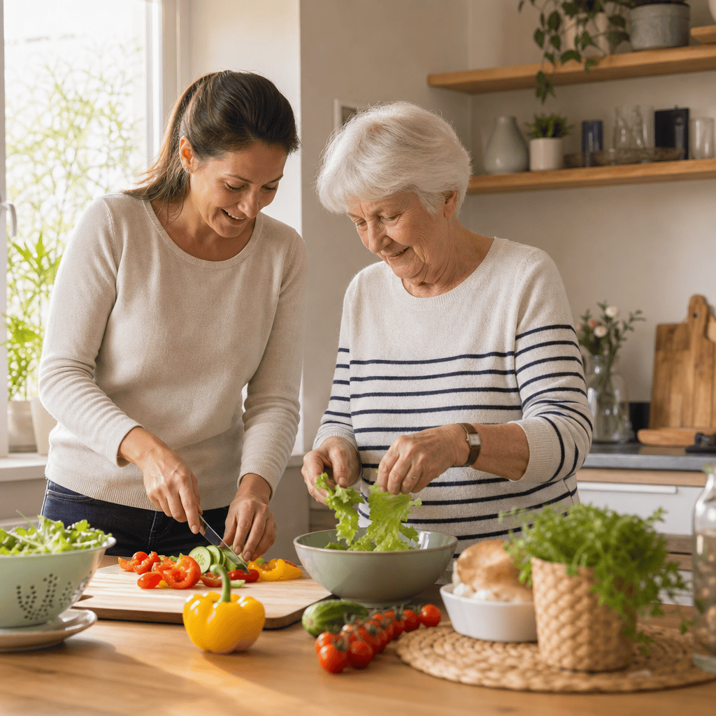 Betreuungskraft und ältere Person bereiten gemeinsam eine Mahlzeit zu