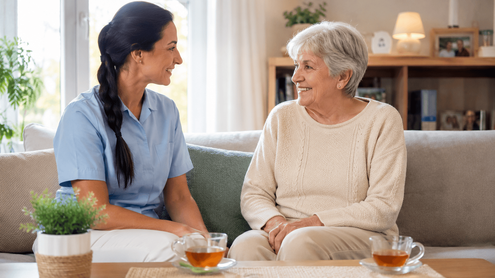 Betreuungskraft unterstützt Seniorin zu Hause bei der 24 Stunden Pflege in Rheinstetten