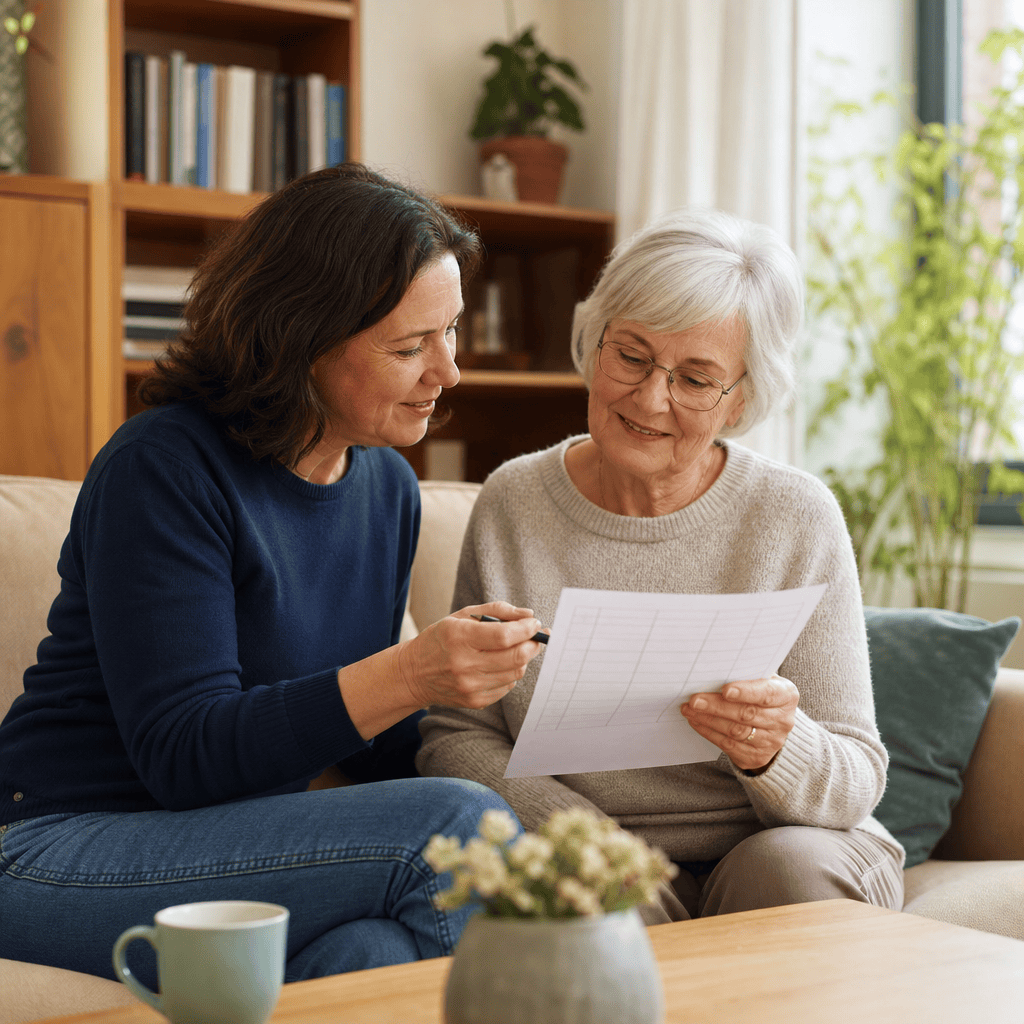 Angehörige und ältere Person besprechen gemeinsam den Betreuungsbedarf