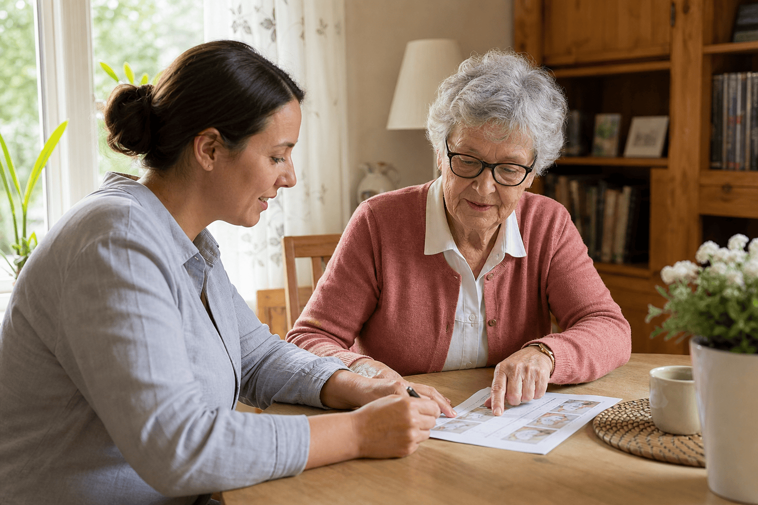 Betreuungskraft und ältere Person besprechen einen Tagesablauf zu Hause.